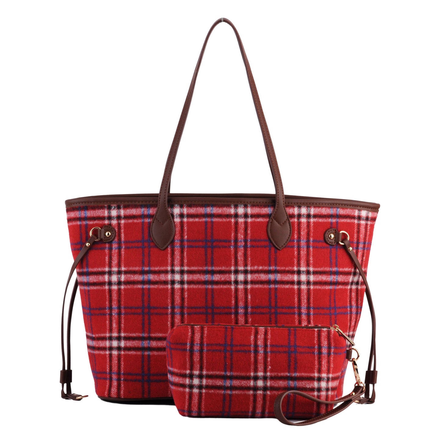 1375-RED 1375 - Royal Stewart Plaid Large Tote With Matching Pouch - Wholesale Handbag - Most Wanted USA