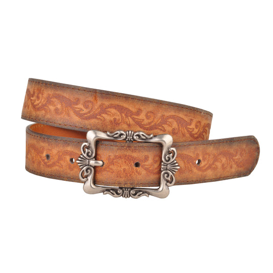 Decorative Silver Buckle Tooled Western Belt