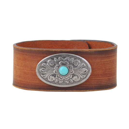 452B - Turquoise Centered Concho On Handpainted Leather Bracelet
