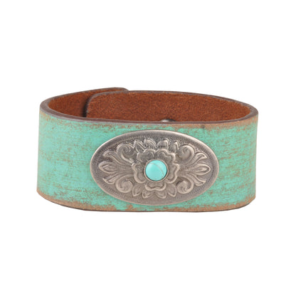 452B - Turquoise Centered Concho On Handpainted Leather Bracelet