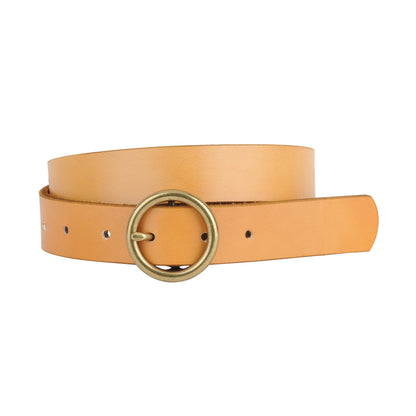 5036-CAMEL-S 5036 - Brass-Toned Circle Buckle Leather Belt - Wholesale Belt - Most Wanted USA