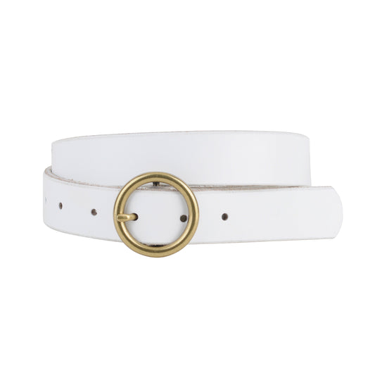 5036-WHITE-S 5036 - Brass-Toned Circle Buckle Leather Belt - Wholesale Belt - Most Wanted USA