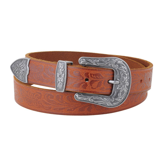 5053-TAN-XS 5053 - Western Tooled Vintage Buckle Leather Belt - Wholesale Belt - Most Wanted USA