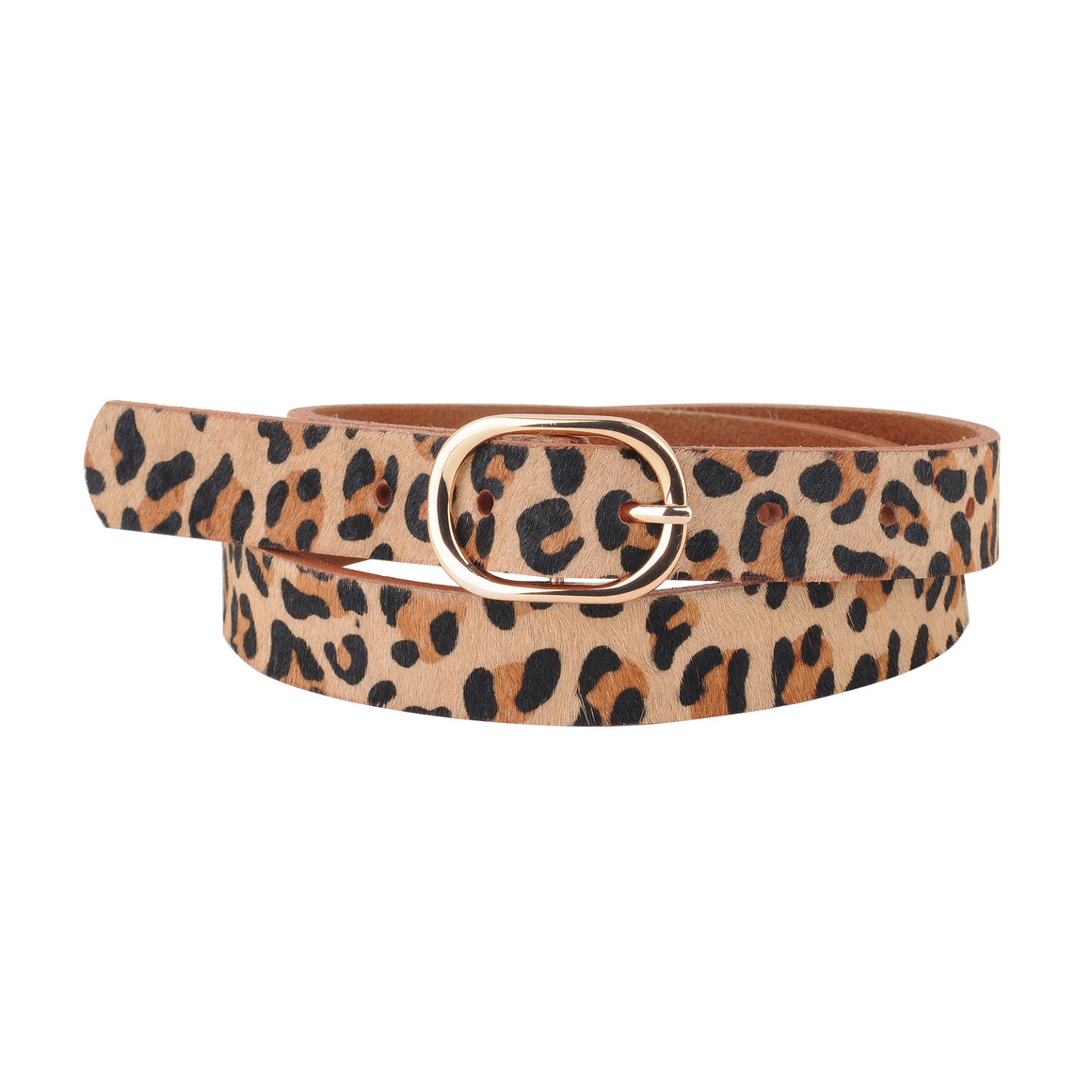 Women's Leopard Print Calf Hair Genuine Leather Belt with Gold Buckle