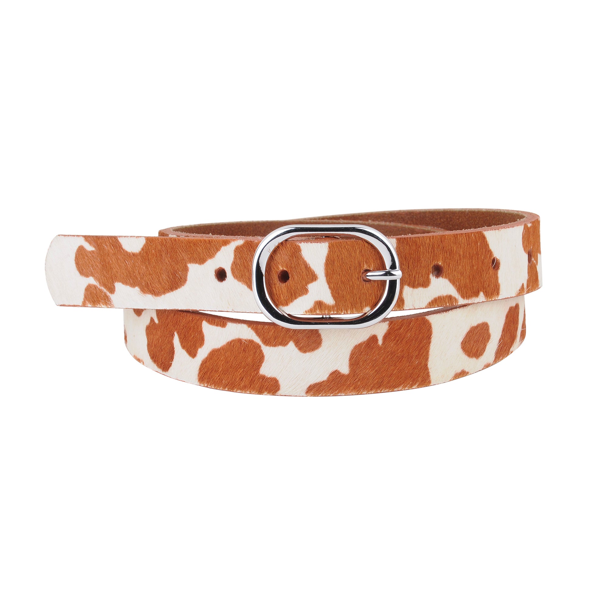5069-TAN-XS 5069 - Cow Print Calf Hair Oval Buckle Belt - Wholesale Belt - Most Wanted USA