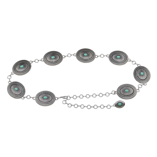5074-SILVER 5074 - Western Silver Turquoise Concho Chain Belt - Wholesale Belt - Most Wanted USA