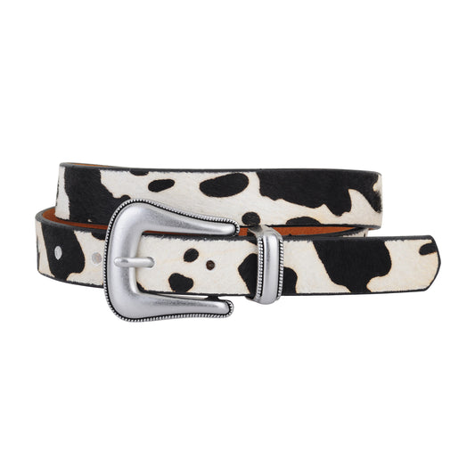 Cow Print Calf Hair Western Buckle Leather Belt - Ships October 27th