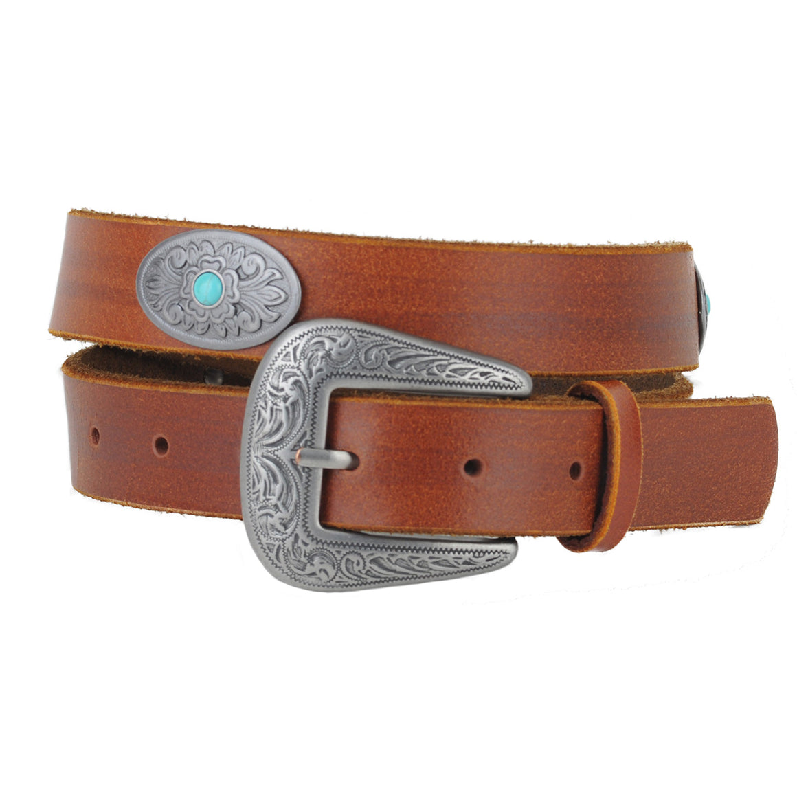5131 - Tooled Vintage Turquoise Concho Leather Belt