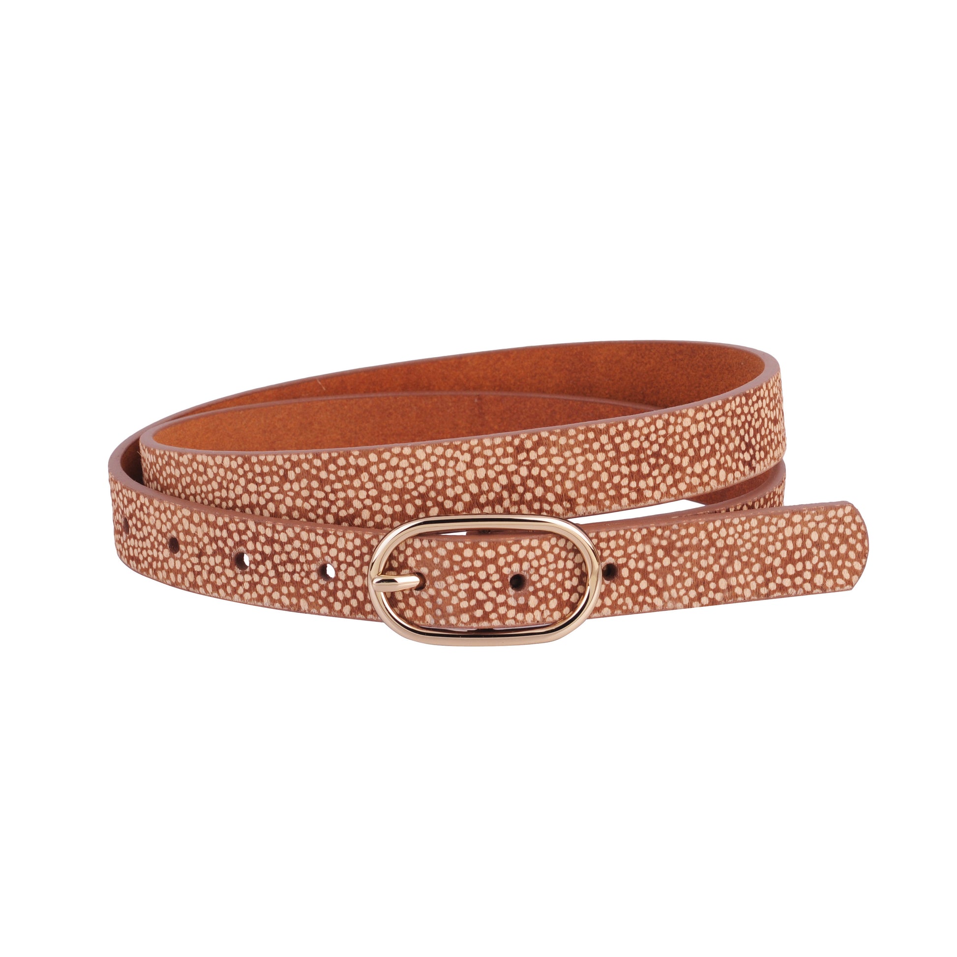 5144-TAN-S 5144 - Skinny Spotted Calf Hair Belt - Wholesale Belt - Most Wanted USA