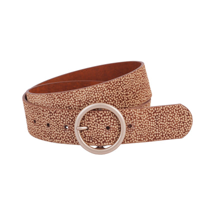 5145-TAN-S 5145 - Spotted Calf Hair Belt with Rose Gold Circle Buckle - Wholesale Belt - Most Wanted USA