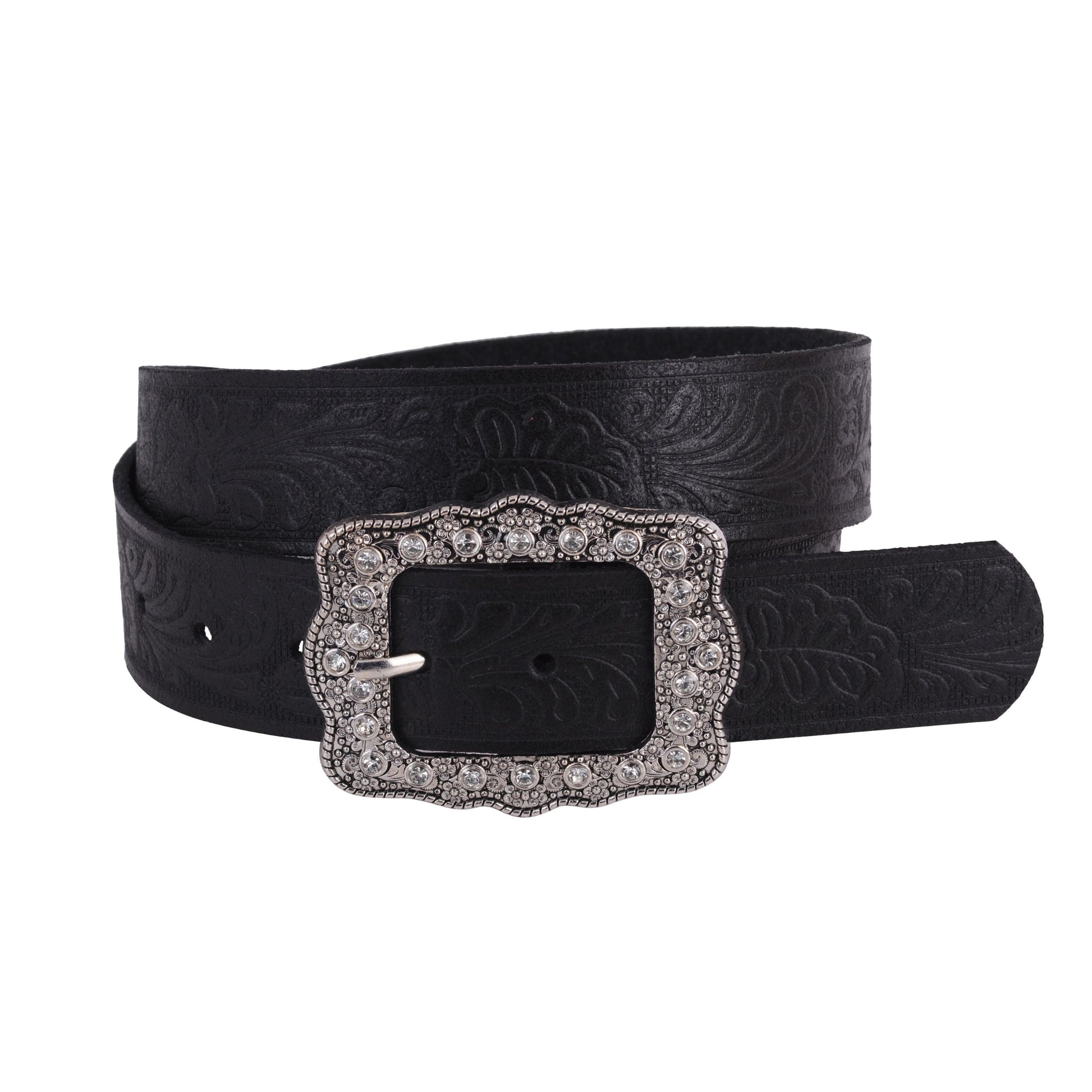 5152-BLACK-S 5152 - Tooled Leather Belt with Vintage Rhinestone Frame Buckle - Wholesale Belt - Most Wanted USA