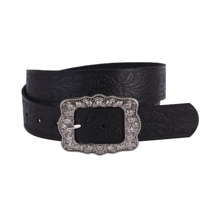 5152-BLACK-S 5152 - Tooled Leather Belt with Vintage Rhinestone Frame Buckle - Wholesale Belt - Most Wanted USA