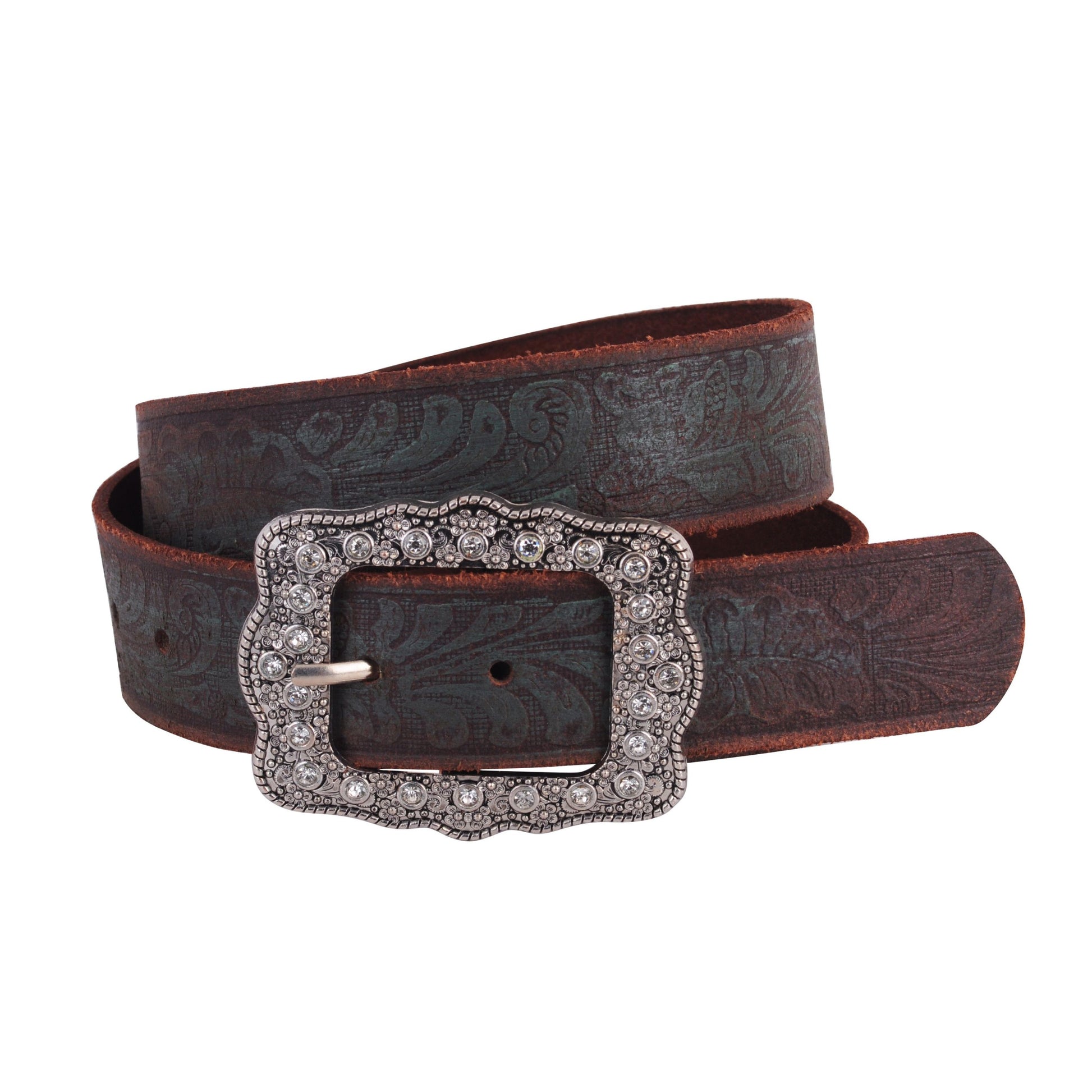 5152-BROWN-S 5152 - Tooled Leather Belt with Vintage Rhinestone Frame Buckle - Wholesale Belt - Most Wanted USA