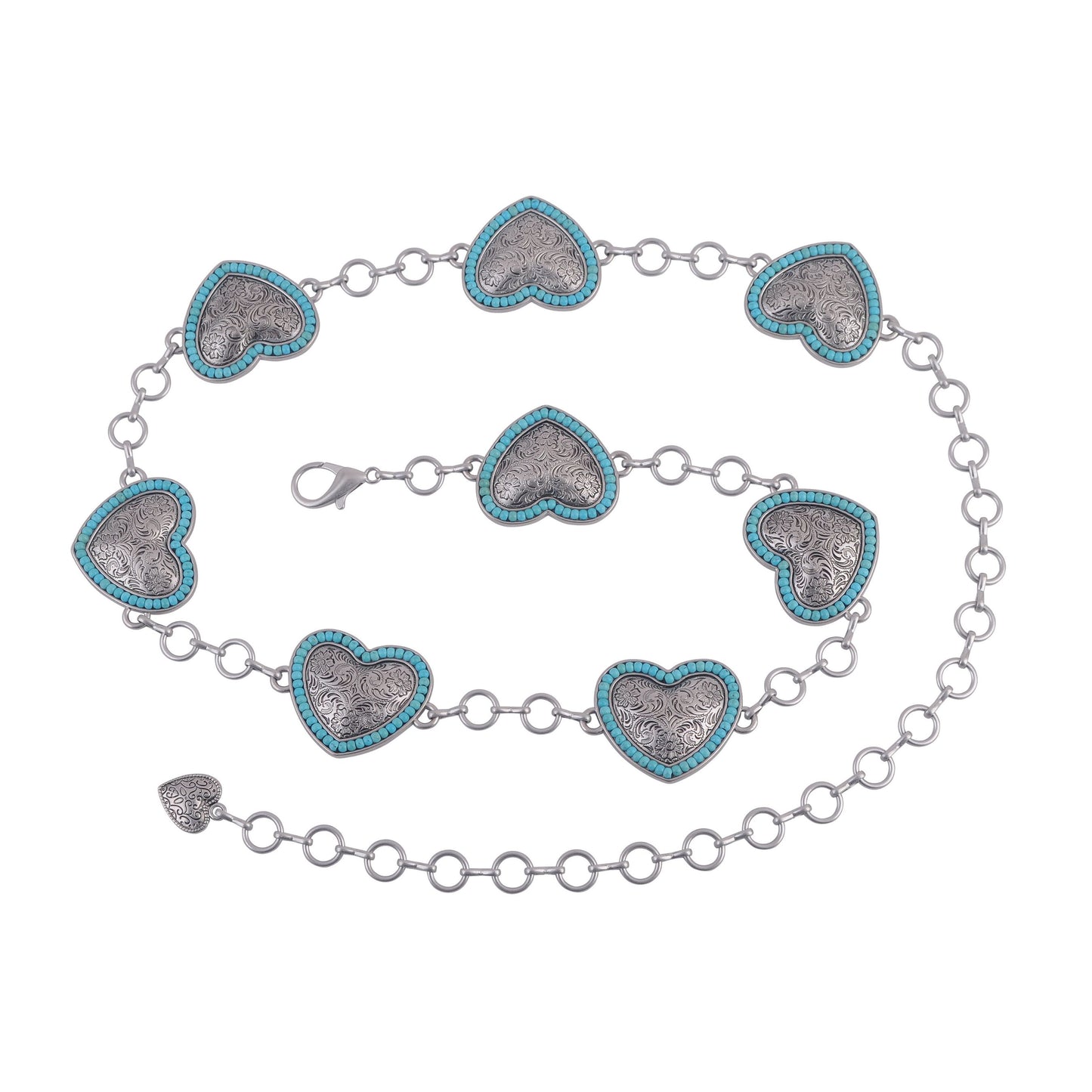 5154-SILVER 5154 - Turquoise Bordered Heart Chain Belt - Wholesale Belt - Most Wanted USA