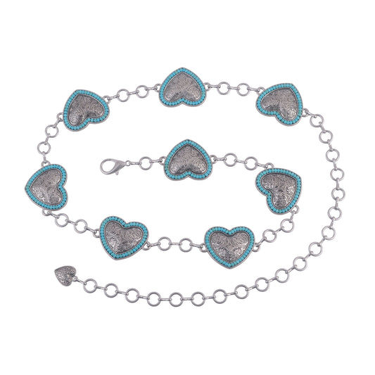 5154-SILVER 5154 - Turquoise Bordered Heart Chain Belt - Wholesale Belt - Most Wanted USA
